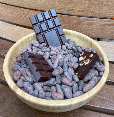 Nouvelles tablettes de chocolat Nao dans un bol en bois rempli de Cacao